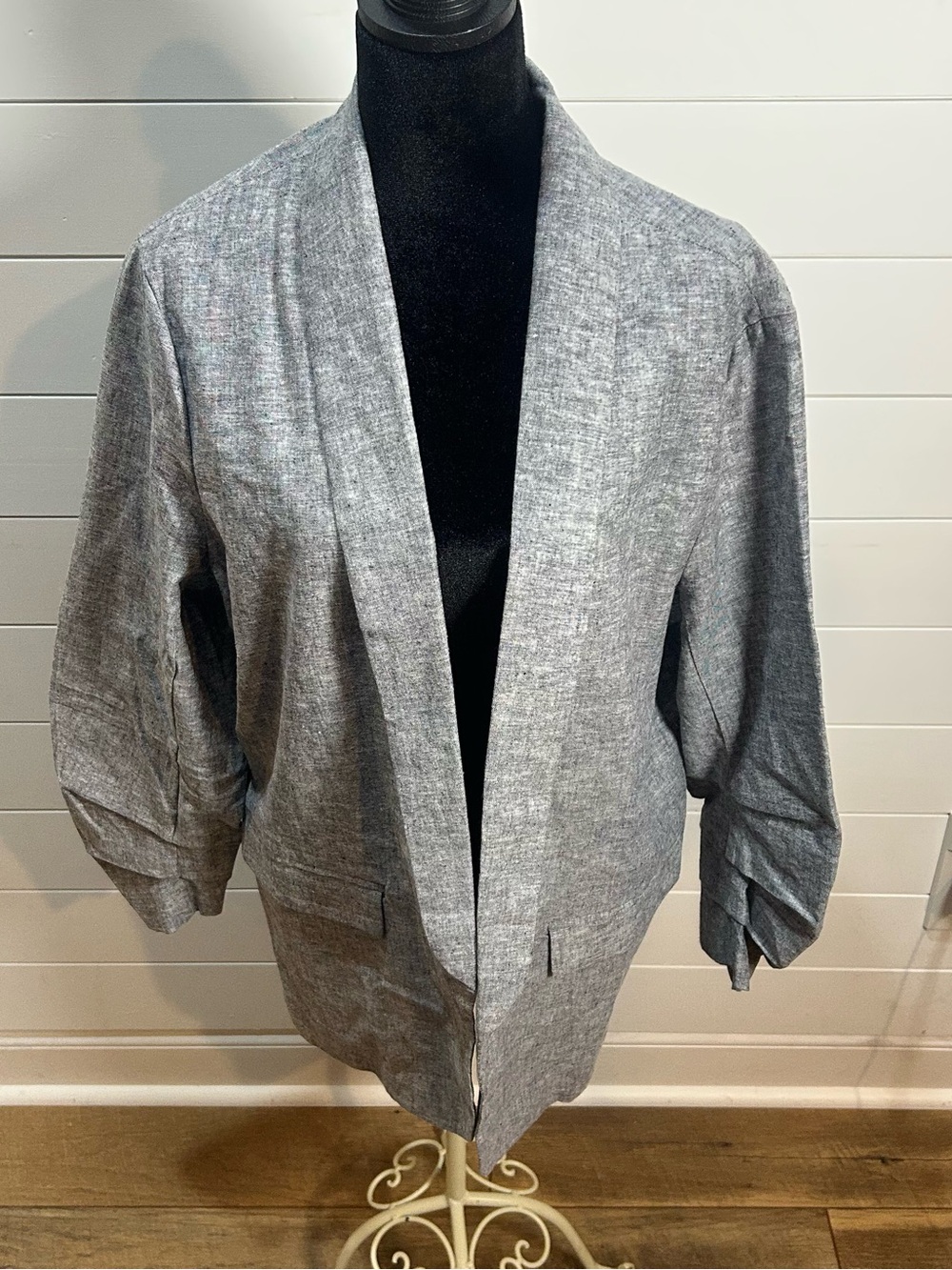 New York & Company 7th Ave Linen Blend Open Front Blazer Jacket Blue Gray XL NWT